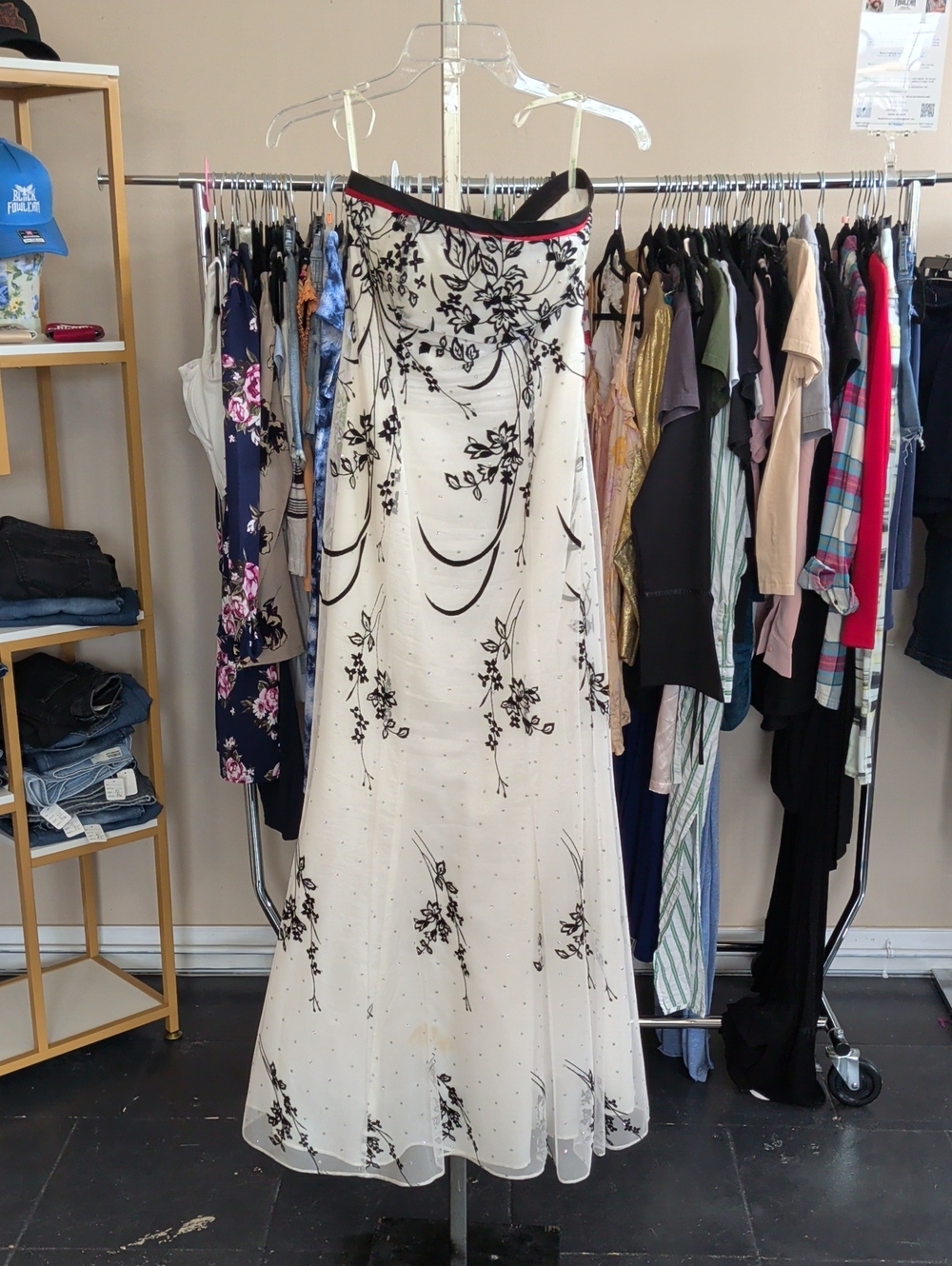 Strapless Black & White Floral Evening Gown